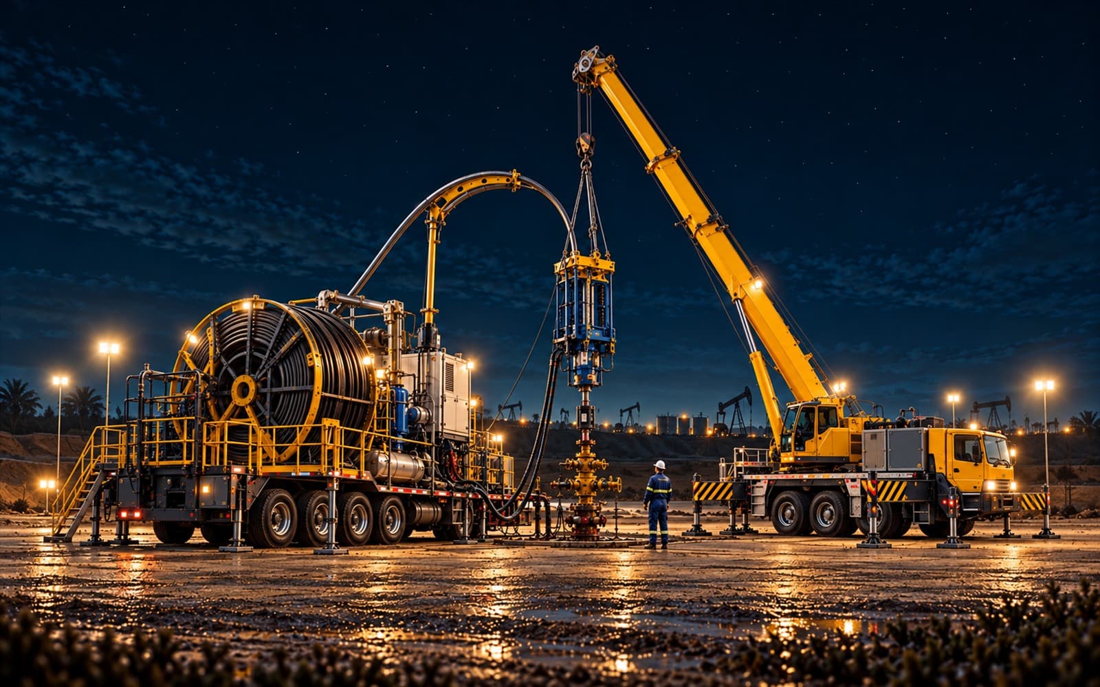 Unidad de coiled tubing con carrete, cabeza inyectora y grúa amarilla sobre un pozo, de noche