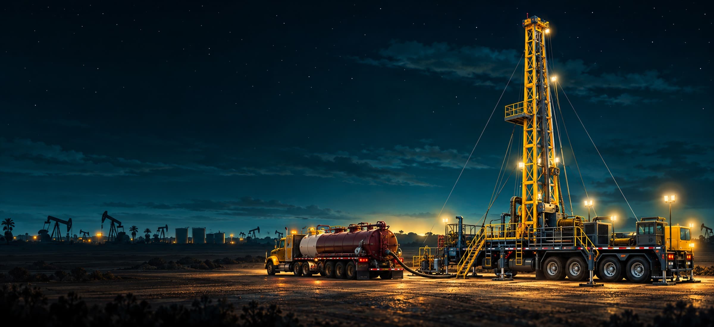 Taladro de workover iluminado y camión vacuum trabajando de noche en un campo petrolero