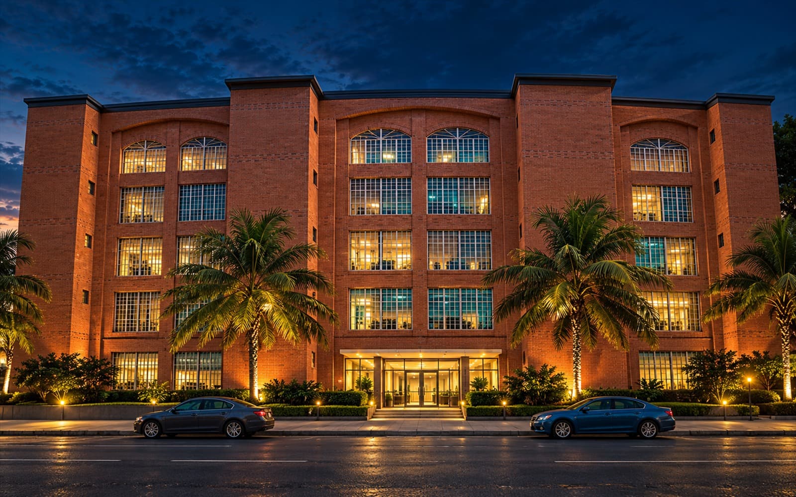 Edificio de ladrillo de las oficinas administrativas de RAMHOY en el Centro Profesional La Cascada, Maturín, con palmeras iluminadas de noche