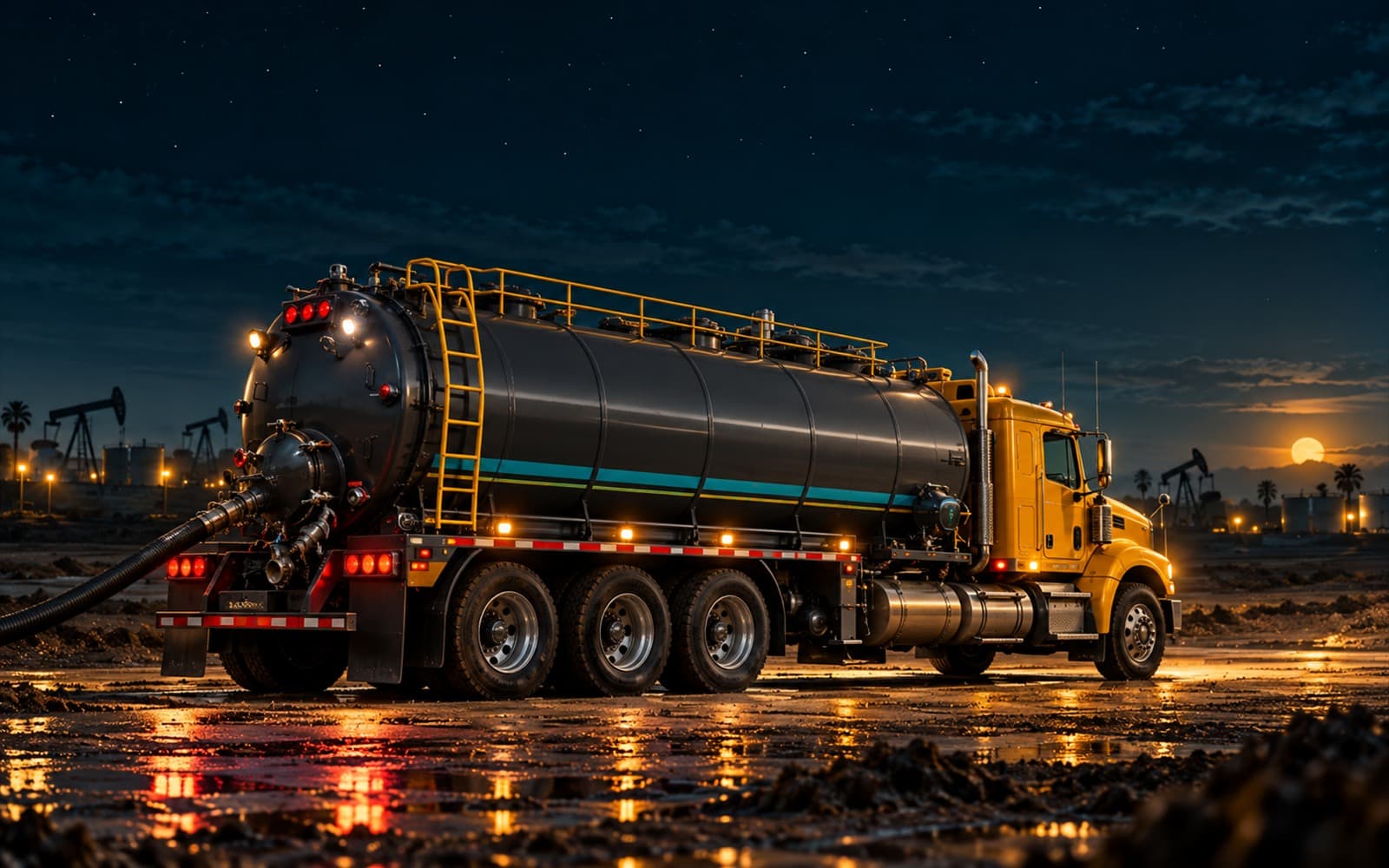 Camión vacuum con chuto amarillo en un campo petrolero de noche
