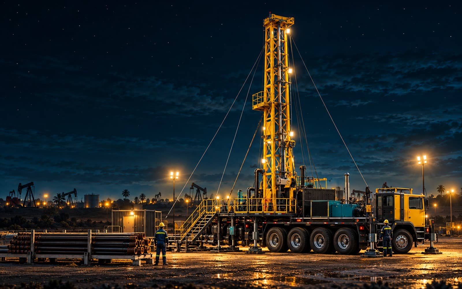 Taladro de workover con mástil amarillo iluminado sobre su carrier, de noche